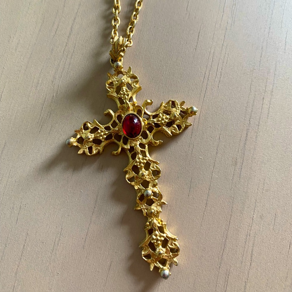 Vintage Avon Cross Necklace with Ruby Gemstone